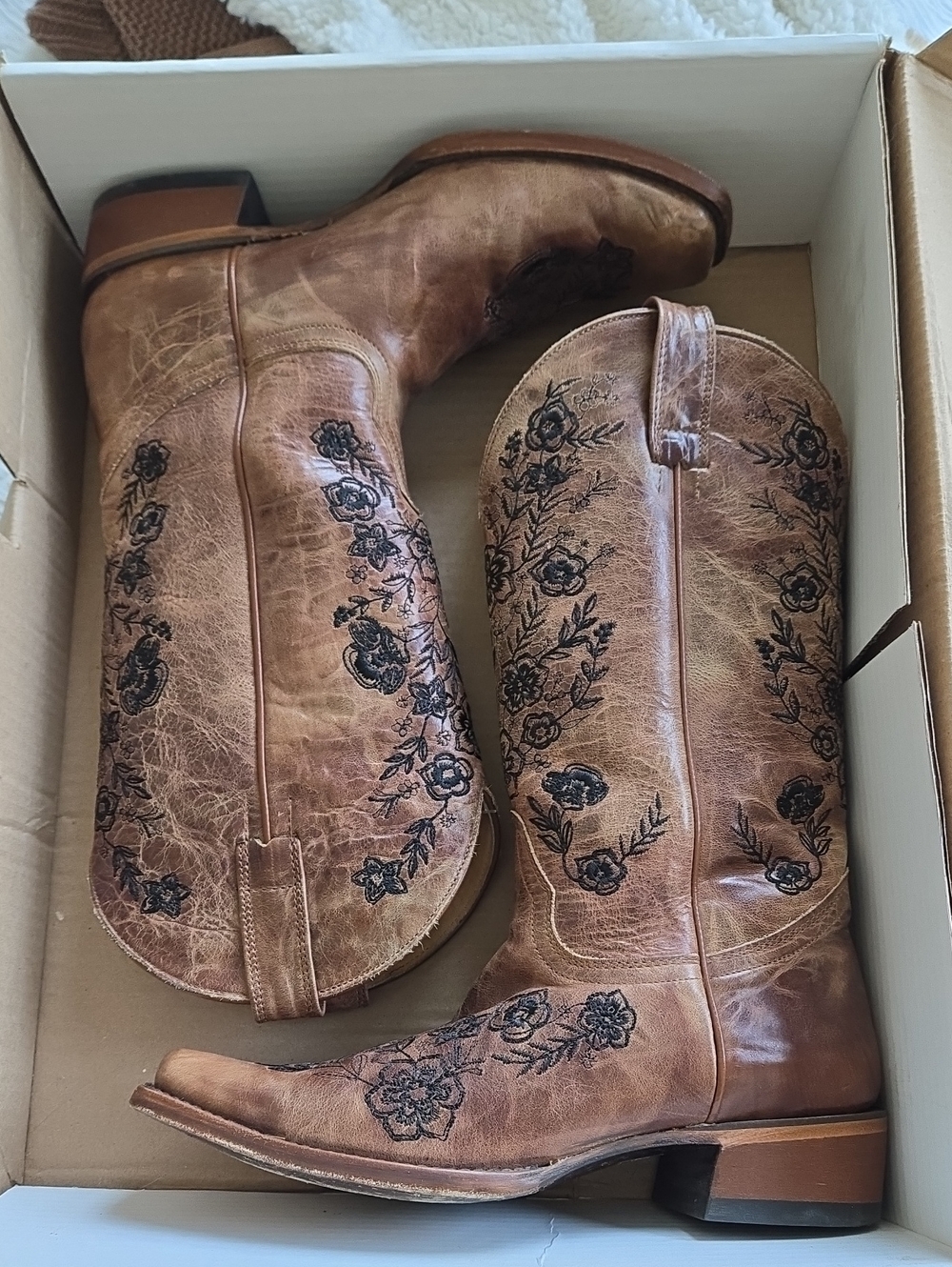 Shyanne Tan and Brown Leather Western Boots W/ Black Embroidery Design